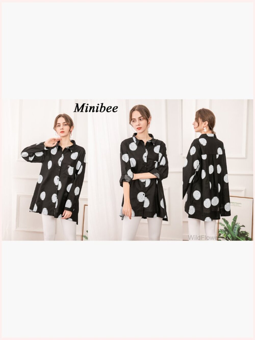 Women's Polka Dot Button Down Tunic Blouse Long Sleeve Cotton Shirt - Picture 7 of 7